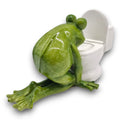 Grüne keramikfroschfigur sitzt auf weißer toilette frosch vor dem wc 16,5x7,5x10cm
