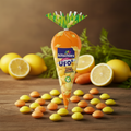 Orange karottenförmige hitschies ufos happy carrot zitrus 75g packung mit gelb-orangenen bonbons und grünem blätterschaft