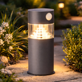 Premium solar-gartenleuchte graues zylindrisches gehäuse mit klarglas und beleuchtetem led-tierdesign mit bewegungssensor