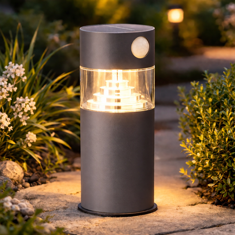 Premium solar-gartenleuchte graues zylindrisches gehäuse mit klarglas und beleuchtetem led-tierdesign mit bewegungssensor