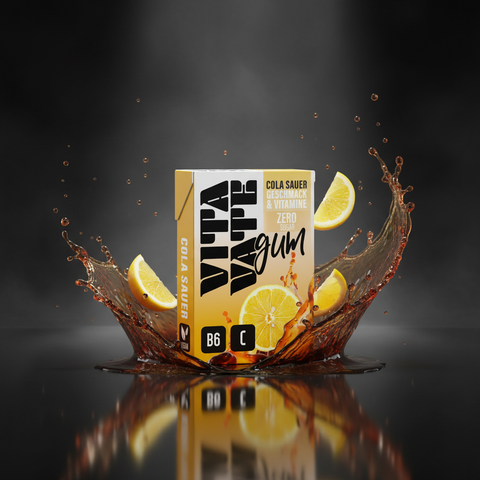 Vita vape cola sauer zero gum in einer gelb-weißen box mit zitronenscheiben und cola spritzdesign 28,2g