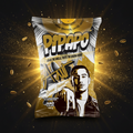 Goldene und schwarze snacktüte pipapo mit stilisiertem künstlerporträt und flavor amo für geröstete sonnenblumenkerne 100g