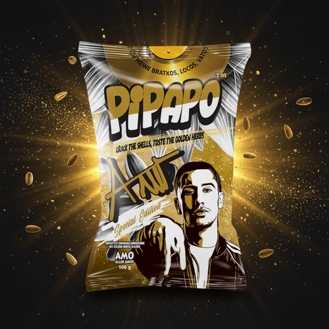 Goldene und schwarze snacktüte pipapo mit stilisiertem künstlerporträt und flavor amo für geröstete sonnenblumenkerne 100g