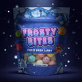Ein lebhaft blauer beutel frostige bites gefriergetrocknete süßigkeiten mit bunten gummipuffs innen