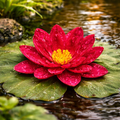 Eine schwimmblume mit wassertropfen in leuchtendem rot mit gelbem zentrum auf grünem seerosenblatt