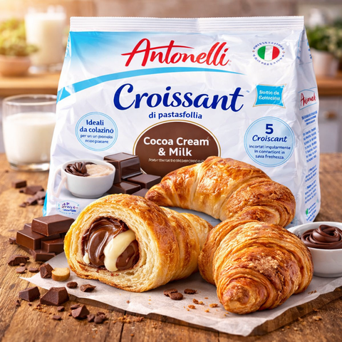 Packung Antonelli croissants gefüllt mit kakaocreme und milch sowie goldbraune, blättrige croissants mit schokoladenfüllung