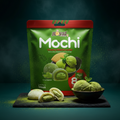 Grün und rot verpackte royal family matcha mochi mit glänzendem finish und dessertbild auf der vorderseite
