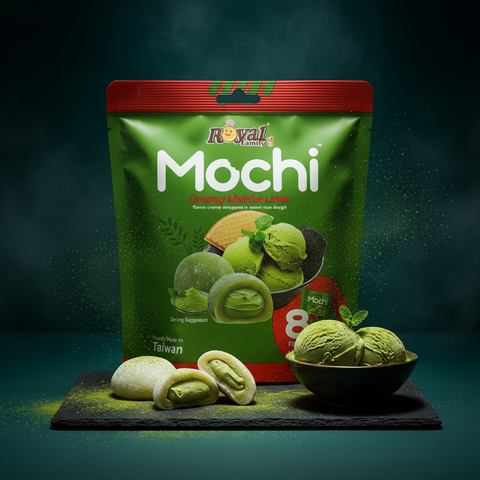 Grün und rot verpackte royal family matcha mochi mit glänzendem finish und dessertbild auf der vorderseite