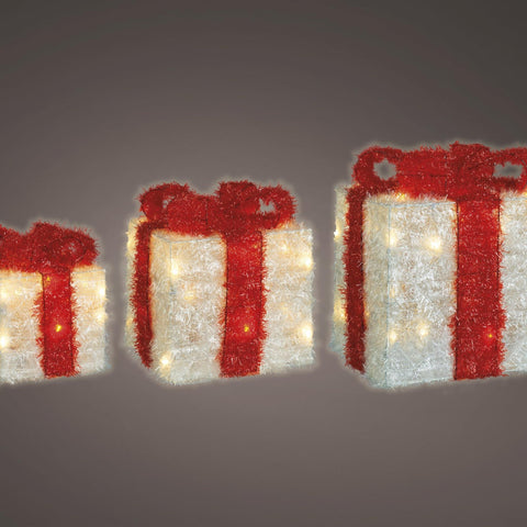 LED-Geschenkschachteln 3er Set im Lametta-Look