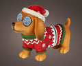 Festliche braune dachshund figur mit kaltweißen led augen im rot-grünen pullover und weihnachtlicher mütze