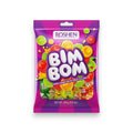Rosen bim bom harte bonbons 20g violett mit transparentem fenster und bunten fruchtgefüllten süßigkeiten sichtbar