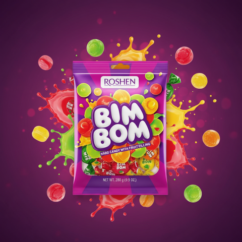 Violette roshen bim bom harte bonbons mit bunten fruchtfüllungen sichtbar durch transparentes fenster 20g tasche