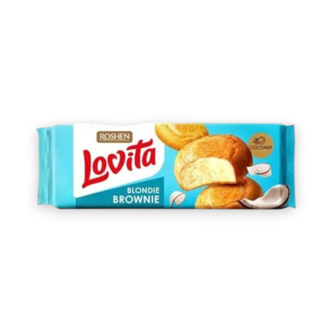 Lovita blondie brownie kokos 152g von Roshen in türkis-weißer Verpackung mit Bild von Brownies und Kokosraspeln
