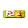 Grün verpackter roshen lovita soft brownie mit zitronengeschmack und glänzender folie mit goldbraunen keksen