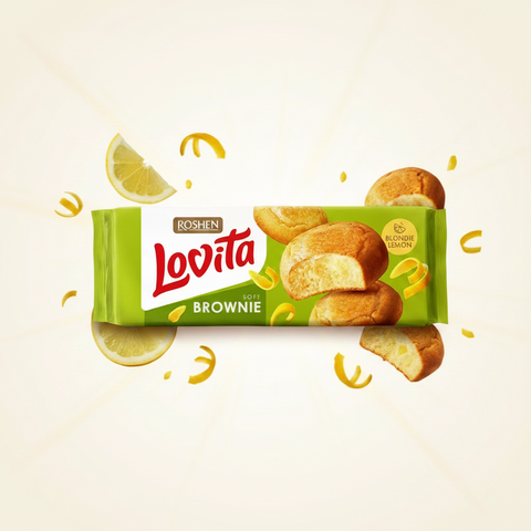 Grün verpackter roshen lovita soft brownie mit zitronengeschmack und glänzender folie mit goldbraunen keksbildern
