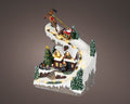 Led szene santa hebt ab mit rot beleuchtetem schlitten, weihnachtsmann, braunem rentier und schneelandschaft