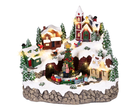 Led szene stadt mit zug warmweiße led 20x27x22.7cm zeigt beleuchtetes weihnachtliches dorf mit schneebedeckten bäumen und zug