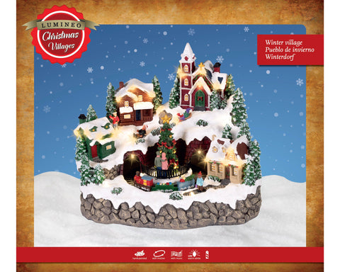 Led szene stadt mit zug warmweiße led illuminiert lumineo christmas villages winterdorf mit schnee und zug