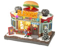 Ein festliches miniatur burgerladen modell mit warmweißen led-lichtern, schneebedecktem dach und leuchtendem burgers schild