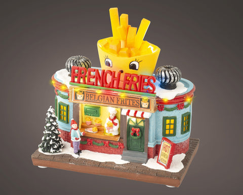 Ein charmantes miniatur belgisches pommesbuden modell mit gelbem pommes behälter, roter neonbeschilderung und festlicher dekoration, LED szene warmweiße LEDs 12x19,5x16cm
