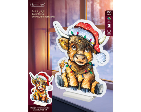 Led infinity büffel bunt 1.3x31x39.5cm festliche beleuchtete highland kuh mit weihnachtshut und bunten led-lichtern