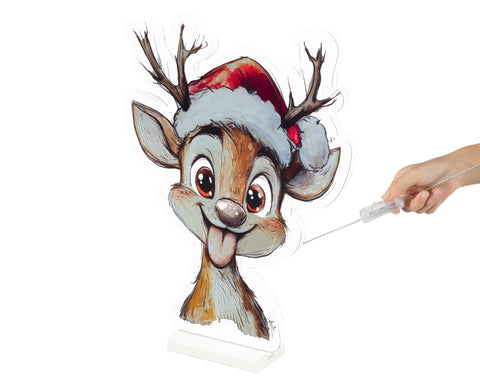 Led infinity rentier bunt mit rotem und weißem weihnachtshut aus braunem kunststoff mit led beleuchtung