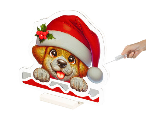 Led infinity hund bunt 1.3x32.5x30cm zeigt eine cartoon-welpe mit rotem weißem santahut und hollybeeren auf dem kopf