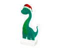 Led infinity dino grüne dinosaurierfigur mit rotem weihnachtsmütze und warmweißer led auf weißem sockel