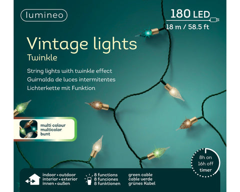 Led vintage lichterkette von lumineo mit 180 bunten leds, 8 leuchtmodi, 18 meter grünes kabel, outdoor multicolor twinkle