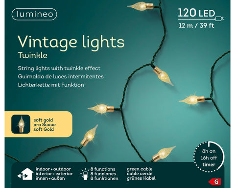 LED Vintage Lichterkette 8 Leuchtmodi Outdoor soft gold 120 LED 1190cm