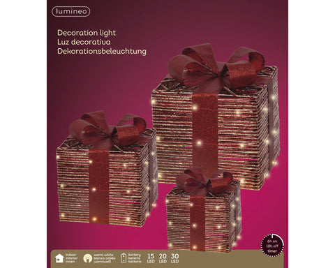LED Geschenkschachteln 3er Set rot warmweiße LED 25x25x30cm