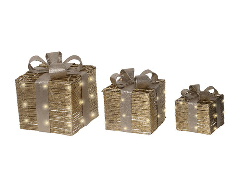 LED Geschenkschachteln 3er Set gold warmweiße LED 25x25x30cm
