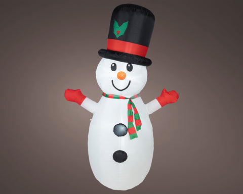 Led aufblasbarer weißer schneemann mit kaltweißen leds schwarz rotem hut und rot grün gestreiftem schal