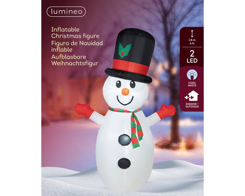 Led aufblasbarer weißer schneemann mit schwarzem zylinder, rotem und grünem schal, kaltweißer led 75x120x180cm