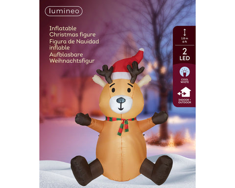 Led aufblasbare rentier von lumineo tan mit kaltweißen led 80x130x180cm, santa mütze und grün-rot gestreiftem schal