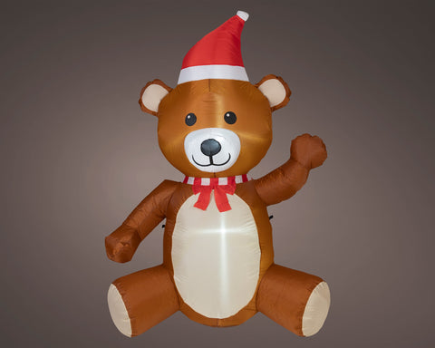 Aufblasbarer brauner teddybär mit kaltweißen led leds und weihnachtlichem rot-weißen santa hut und schleife