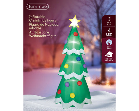 Led aufblasbarer grüner weihnachtsbaum mit weißem scalloped trim bunten kugeln und leuchtendem stern oben