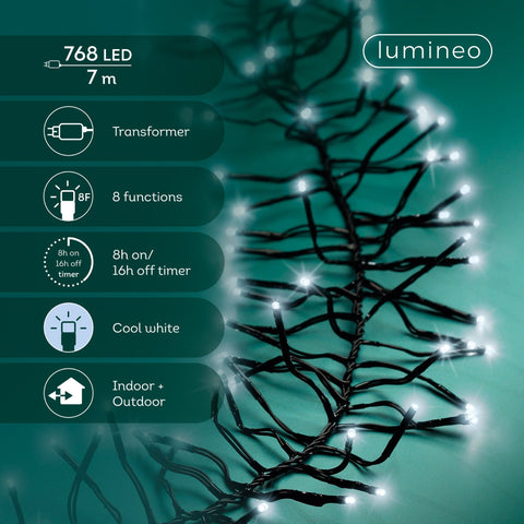 LED Lichterkette Cluster 8 Leuchtmodi Outdoor schwarz 768 kaltweiße LED 700cm