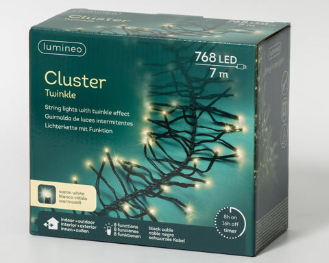 LED Lichterkette Cluster 8 Leuchtmodi Outdoor schwarz 768 warmweiße LED 700cm