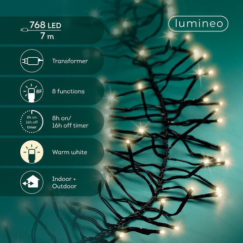 LED Lichterkette Cluster 8 Leuchtmodi Outdoor schwarz 768 warmweiße LED 700cm