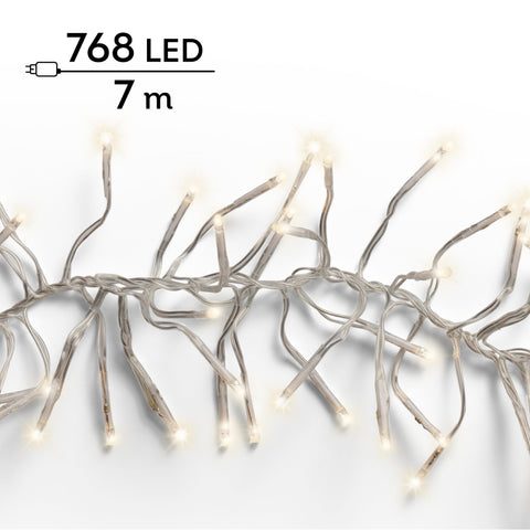 LED Lichterkette Cluster 8 Leuchtmodi Outdoor transparent 768 warmweiße LED 700cm