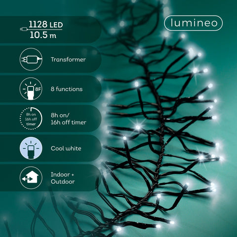 LED Lichterkette Cluster 8 Leuchtmodi Outdoor schwarz 1128 kaltweiße LED 1050cm
