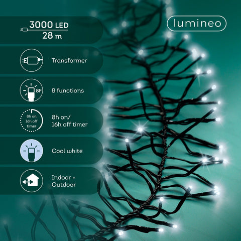 LED Lichterkette Cluster 8 Leuchtmodi Outdoor schwarz 3000 kaltweiße LED 2800cm