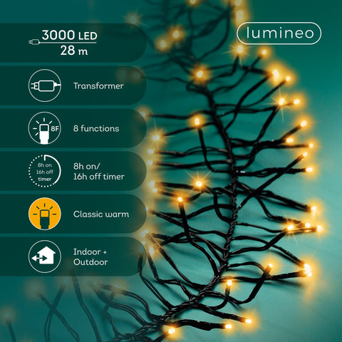 LED Lichterkette Cluster 8 Leuchtmodi Outdoor schwarz 3000 klassischwarme LED 2800cm
