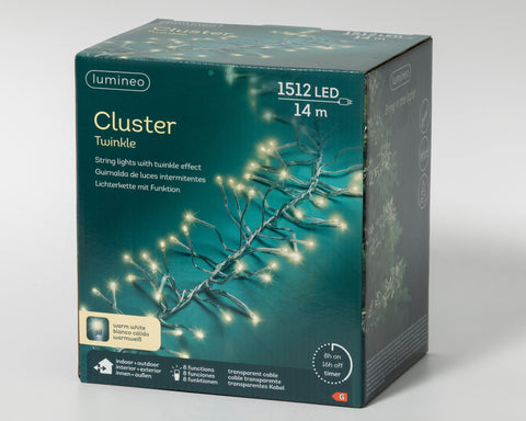 LED Lichterkette Cluster 8 Leuchtmodi Outdoor transparent 1512 warmweiße LED 1400cm