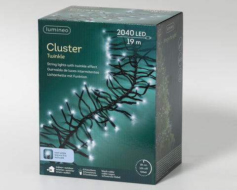 LED Lichterkette Cluster 8 Leuchtmodi Outdoor schwarz 2040 kaltweiße LED 1900cm