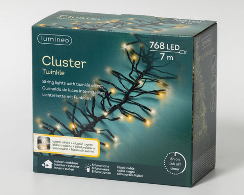 LED Lichterkette Cluster 8 Leuchtmodi Outdoor schwarz 768 warmweiße & klassischwarme LED 700cm