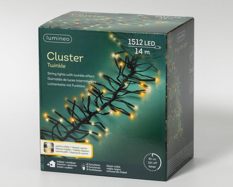 LED Lichterkette Cluster 8 Leuchtmodi Outdoor schwarz 1512 warmweiße & klassischwarme LED 1400cm