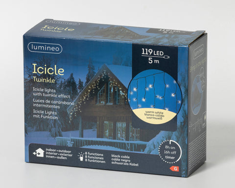 LED Icicle Lichterkette 8 Leuchtmodi Outdoor schwarz 119 warmweiße LED 500x50cm