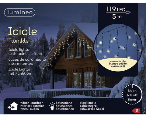 LED Icicle Lichterkette 8 Leuchtmodi Outdoor schwarz 119 warmweiße LED 500x50cm